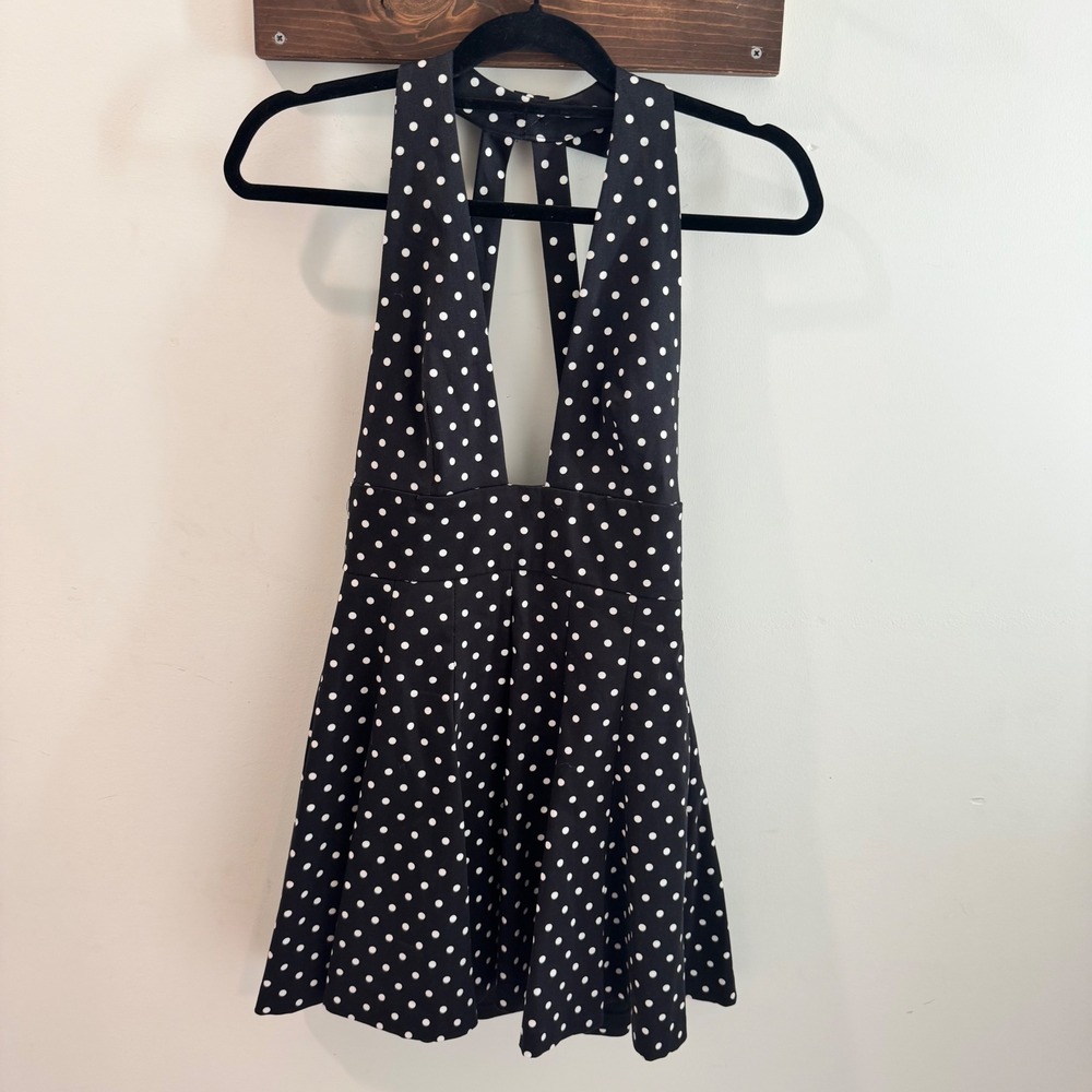 Zara Polka Dot Cape Skirt Halter Mini Dress Black White Deep V-Neck Small